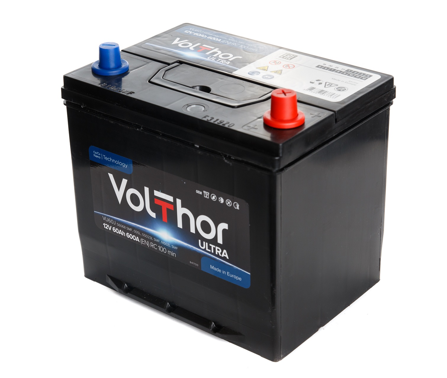 Акумулятор легковий VOLTHOR 6СТ-60(0) JIS (600А) ULTRA 12B, 60Ah, 600A, плюс праворуч (R+) кальцієвий (Ca/Ca) 230X173X200(220) мм (301861)